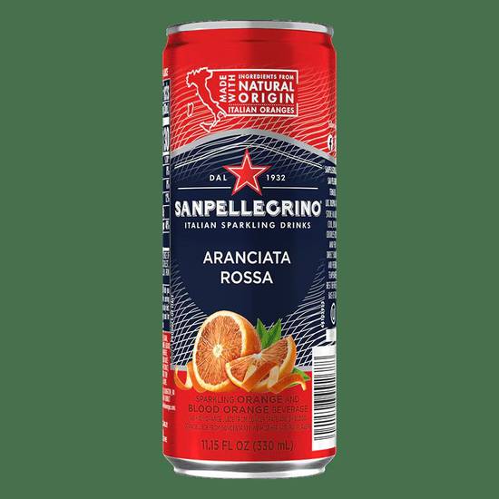 Sanpellegrino Aranciata Rossa can on a green background