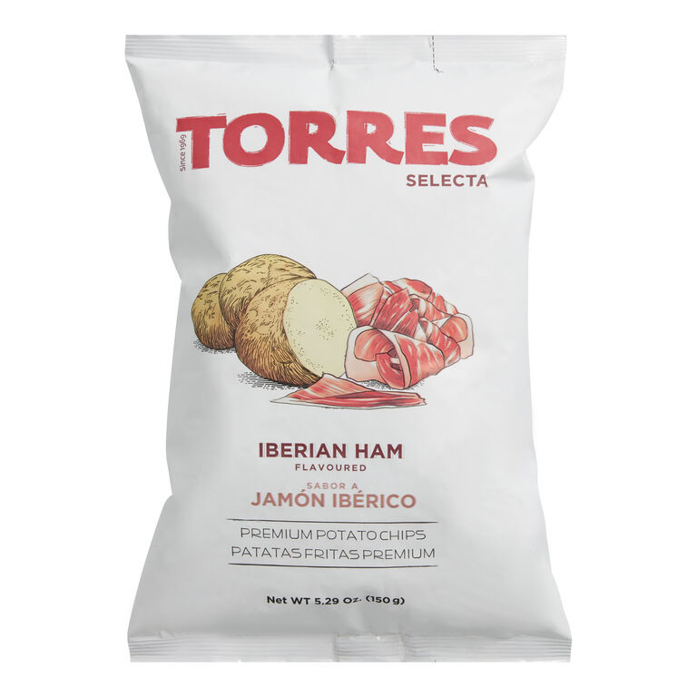Torres Selecta Iberian Ham flavored potato chips packaging on a white background