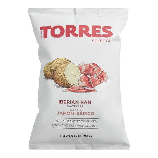 Torres Selecta Iberian Ham flavored potato chips packaging on a white background