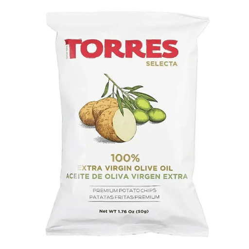 Torres Selecta olive oil packaging with potatoes and olives on a white background